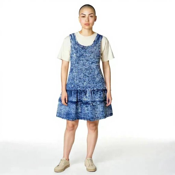 Vintage 80s Acid Wash Stretch Blue Jean Denim Sleeveless Mini Dress Size Small - Picture 1 of 12